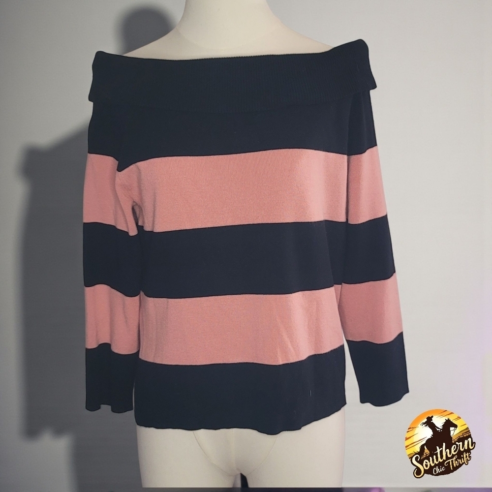 Harold's Off-Shoulder Sweater - Pink and Black Stripes - Picture 2 of 5
